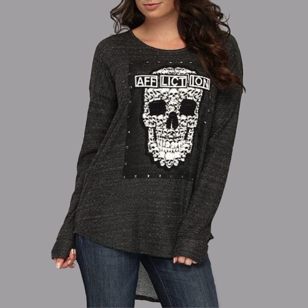 Affliction Womens Skull Top SZ XL Premium French Terry Graphic Studded Y2K Edgy